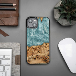 Medinis ir dervos dėklas skirtas iPhone 15 Plus Bewood Unique Uranus - mėlyna ir balta