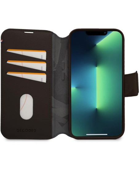 Dekoduotas nuimamas piniginės dėklas, odinis su „MagSafe“ su atvartu, skirtas „iPhone 14 Pro“ – ruda