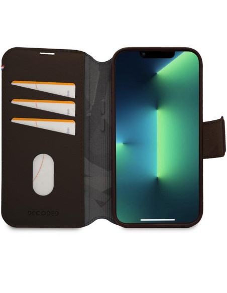 Dekoduotas nuimamas piniginės dėklas, odinis su „MagSafe“ su atvartu, skirtas „iPhone 14 Plus“ – ruda