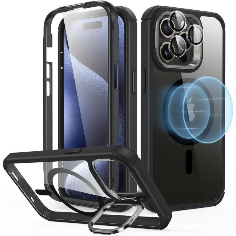 ESR Armor Tough Kickstand Halolock dėklas su MagSafe, skirtas iPhone 15 Pro – skaidrus ir juodas