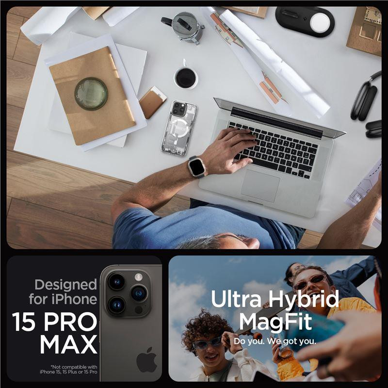 „Spigen Ultra Hybrid Mag“ dėklas su „MagSafe“, skirtas „iPhone 15 Pro Max“ – baltas (nulio vieno raštas)