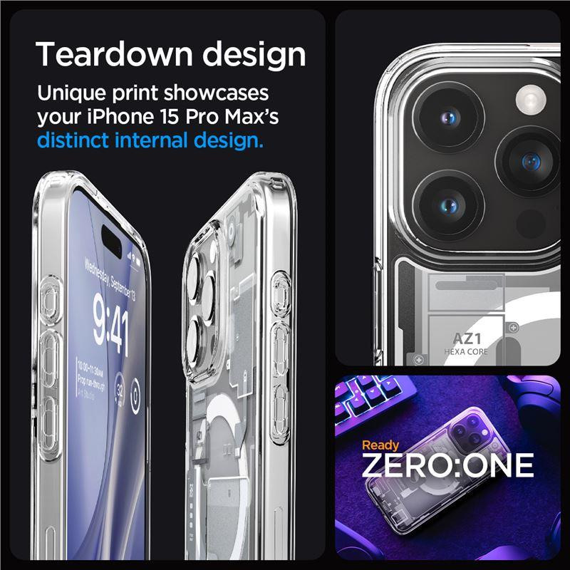 „Spigen Ultra Hybrid Mag“ dėklas su „MagSafe“, skirtas „iPhone 15 Pro Max“ – baltas (nulio vieno raštas)