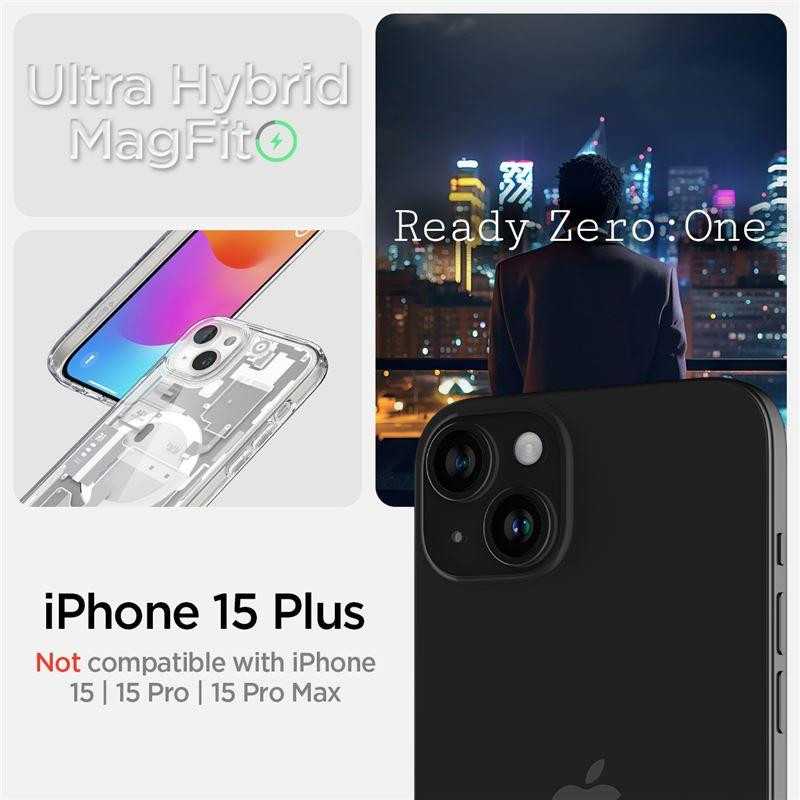 „Spigen Ultra Hybrid Mag“ dėklas su „MagSafe“, skirtas „iPhone 15 Plus“ – baltas (nulio vieno raštas)