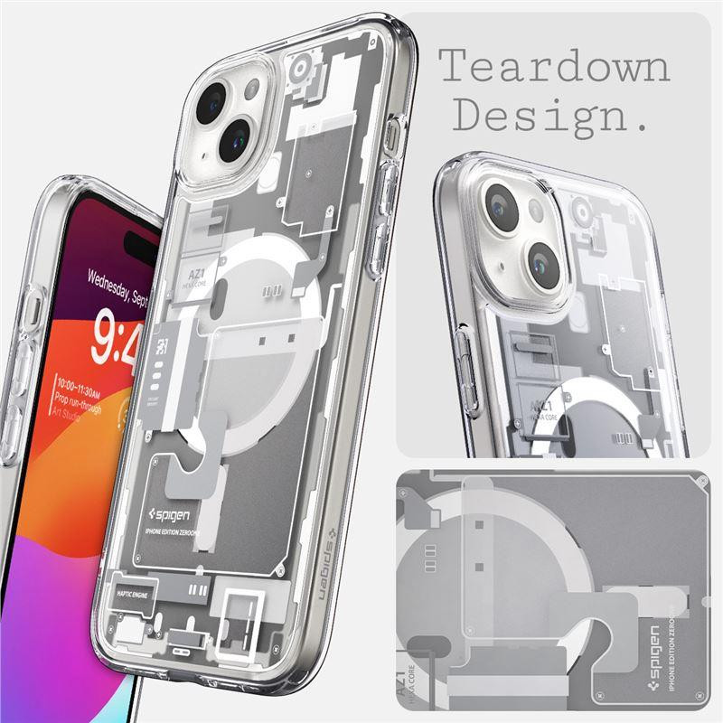 „Spigen Ultra Hybrid Mag“ dėklas su „MagSafe“, skirtas „iPhone 15 Plus“ – baltas (nulio vieno raštas)