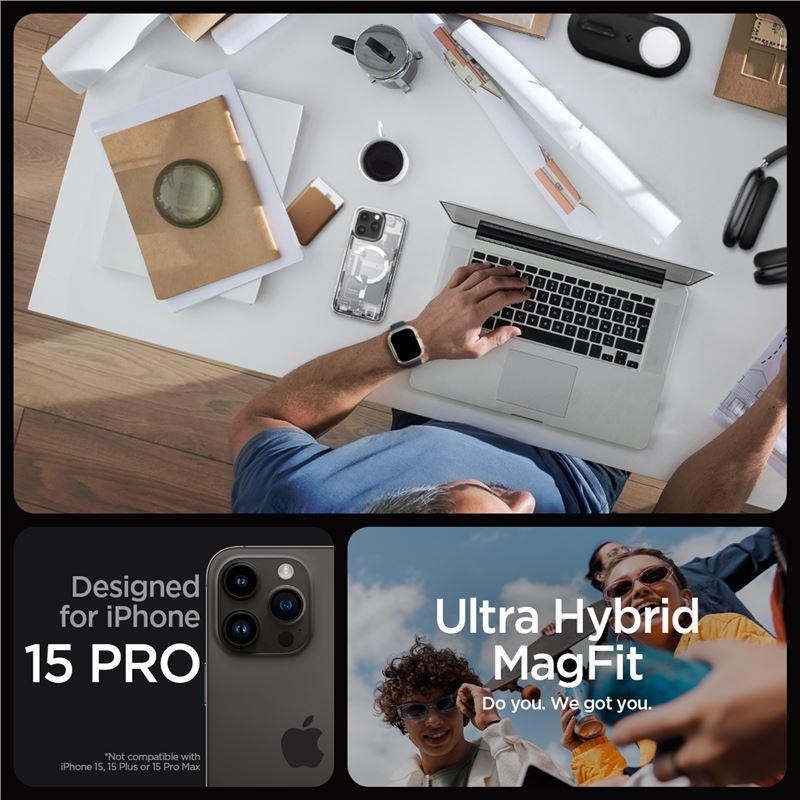 „Spigen Ultra Hybrid Mag“ dėklas su „MagSafe“, skirtas „iPhone 15 Pro“ – baltas (nulio vieno raštas)