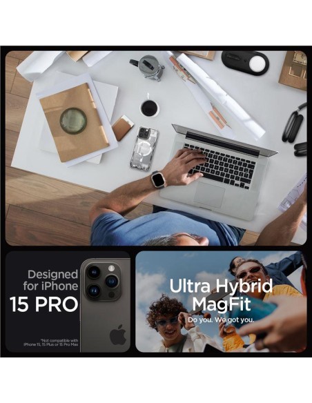 „Spigen Ultra Hybrid Mag“ dėklas su „MagSafe“, skirtas „iPhone 15 Pro“ – baltas (nulio vieno raštas)