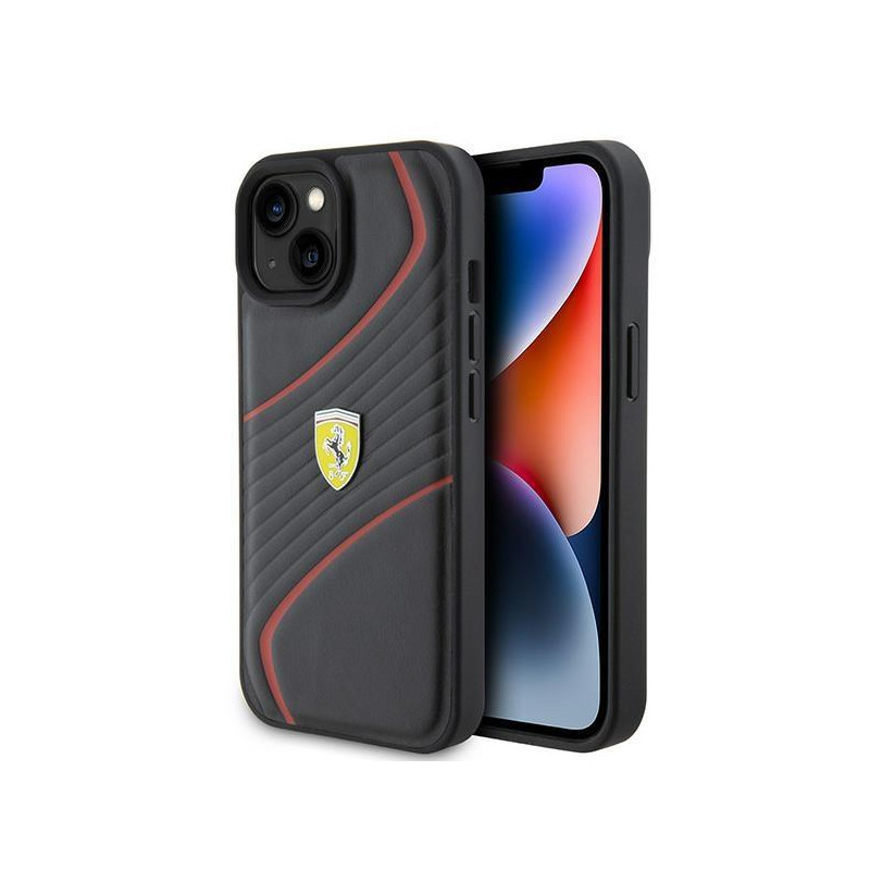 Ferrari Twist Metal Logo dėklas, skirtas iPhone 15 - juodas