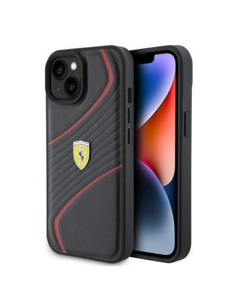 Ferrari Twist Metal Logo dėklas, skirtas iPhone 15 - juodas Ferrari Twist Metal Logo dėklas, skirtas iPhone 15 - juodas