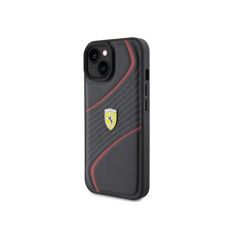 Ferrari Twist Metal Logo dėklas, skirtas iPhone 15 - juodas