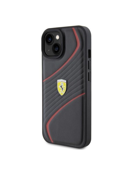 Ferrari Twist Metal Logo dėklas, skirtas iPhone 15 - juodas Ferrari Twist Metal Logo dėklas, skirtas iPhone 15 - juodas