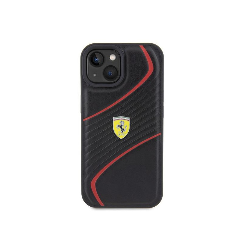 Ferrari Twist Metal Logo dėklas, skirtas iPhone 15 - juodas