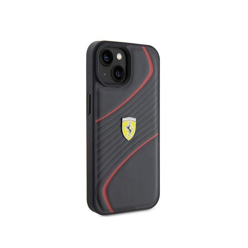 Ferrari Twist Metal Logo dėklas, skirtas iPhone 15 - juodas