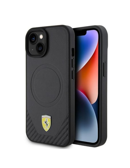 Ferrari Carbon Metal Logo MagSafe dėklas iPhone 15 - juodas Ferrari Carbon Metal Logo MagSafe dėklas iPhone 15 - juodas
