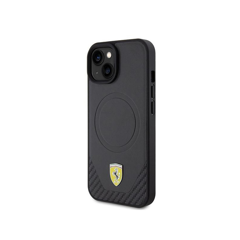 Ferrari Carbon Metal Logo MagSafe dėklas iPhone 15 - juodas