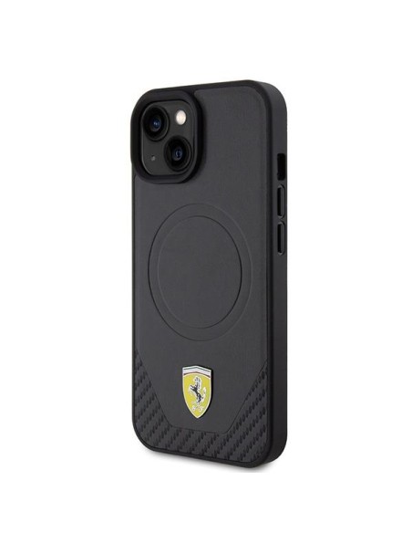 Ferrari Carbon Metal Logo MagSafe dėklas iPhone 15 - juodas Ferrari Carbon Metal Logo MagSafe dėklas iPhone 15 - juodas
