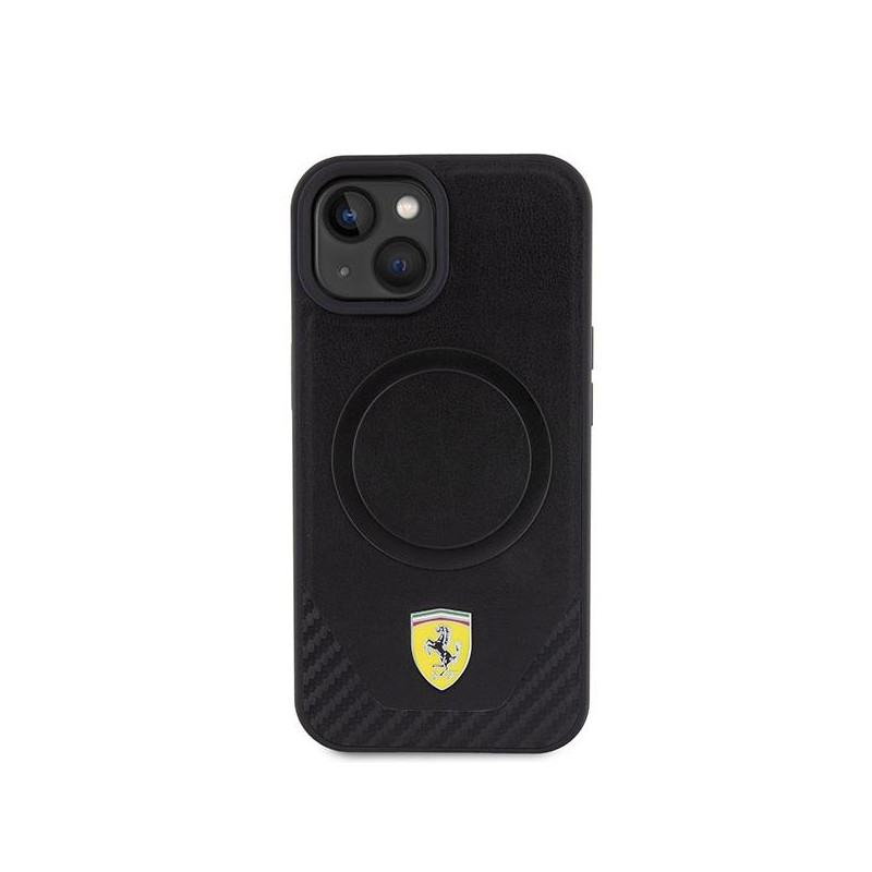Ferrari Carbon Metal Logo MagSafe dėklas iPhone 15 - juodas