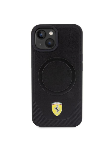 Ferrari Carbon Metal Logo MagSafe dėklas iPhone 15 - juodas Ferrari Carbon Metal Logo MagSafe dėklas iPhone 15 - juodas