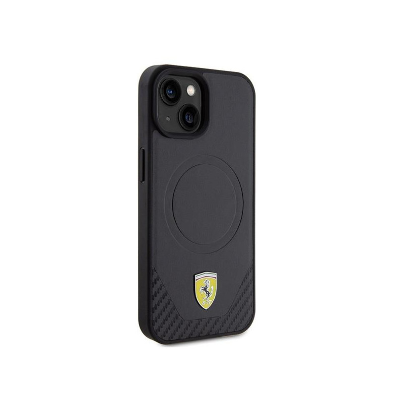 Ferrari Carbon Metal Logo MagSafe dėklas iPhone 15 - juodas