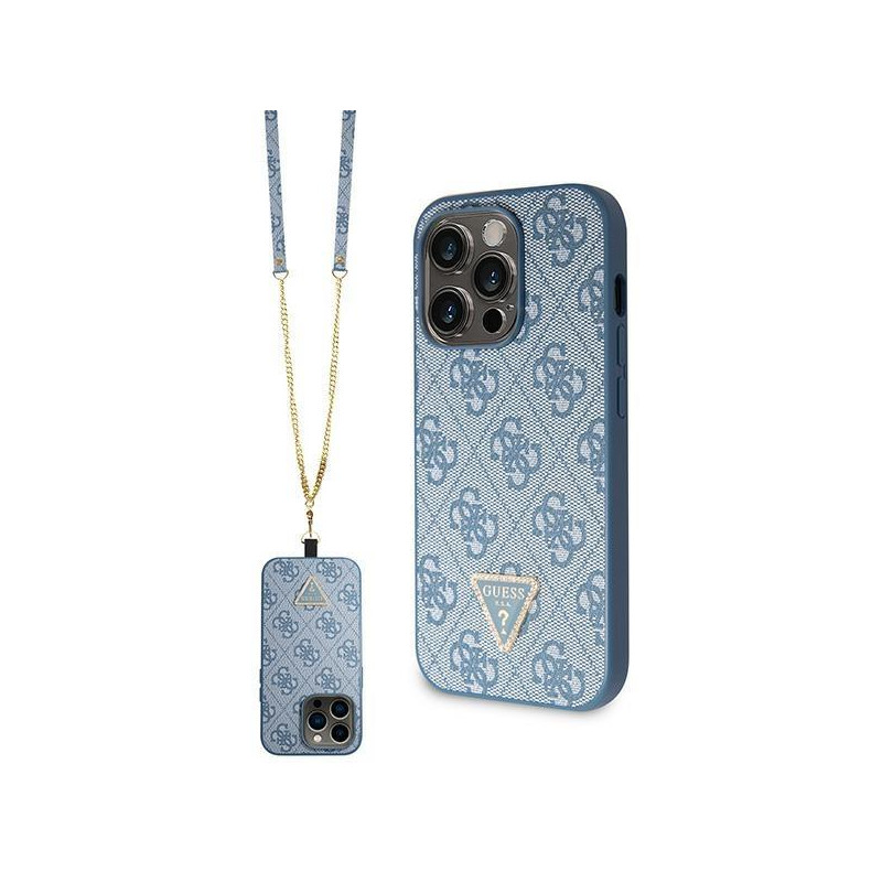 Guess Crossbody 4G metalinis logotipo dėklas, skirtas iPhone 14 Pro Max - mėlynas
