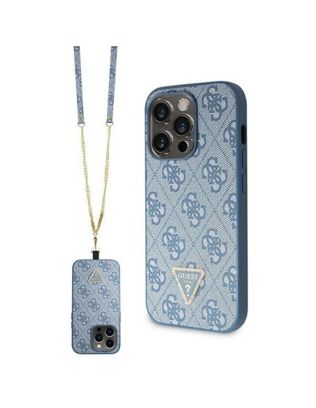 Guess Crossbody 4G metalinis logotipo dėklas, skirtas iPhone 14 Pro Max - mėlynas Guess Crossbody 4G metalinis logotipo dėklas, skirtas iPhone 14 Pro Max - mėlynas