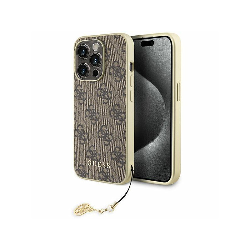 Guess 4G Charms Collection dėklas, skirtas iPhone 15 Pro - rudas