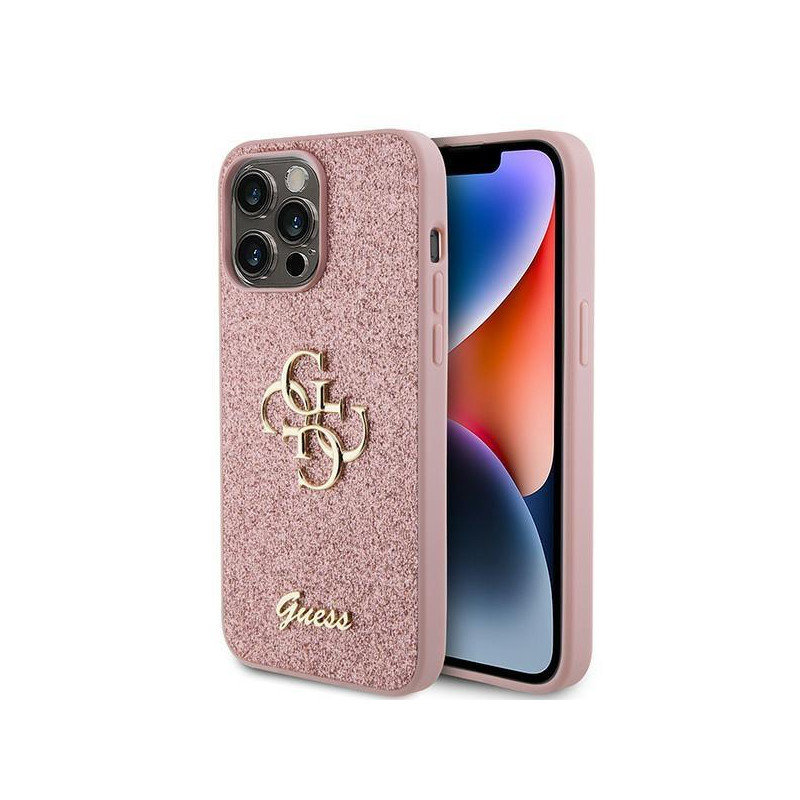 Guess Glitter Script Big 4G dėklas iPhone 15 Pro - rožinis