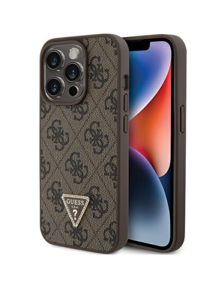 Guess Leather 4G Triangle Strass dėklas, skirtas iPhone 15 Pro - rudas Guess Leather 4G Triangle Strass dėklas, skirtas iPhone 15 Pro - rudas