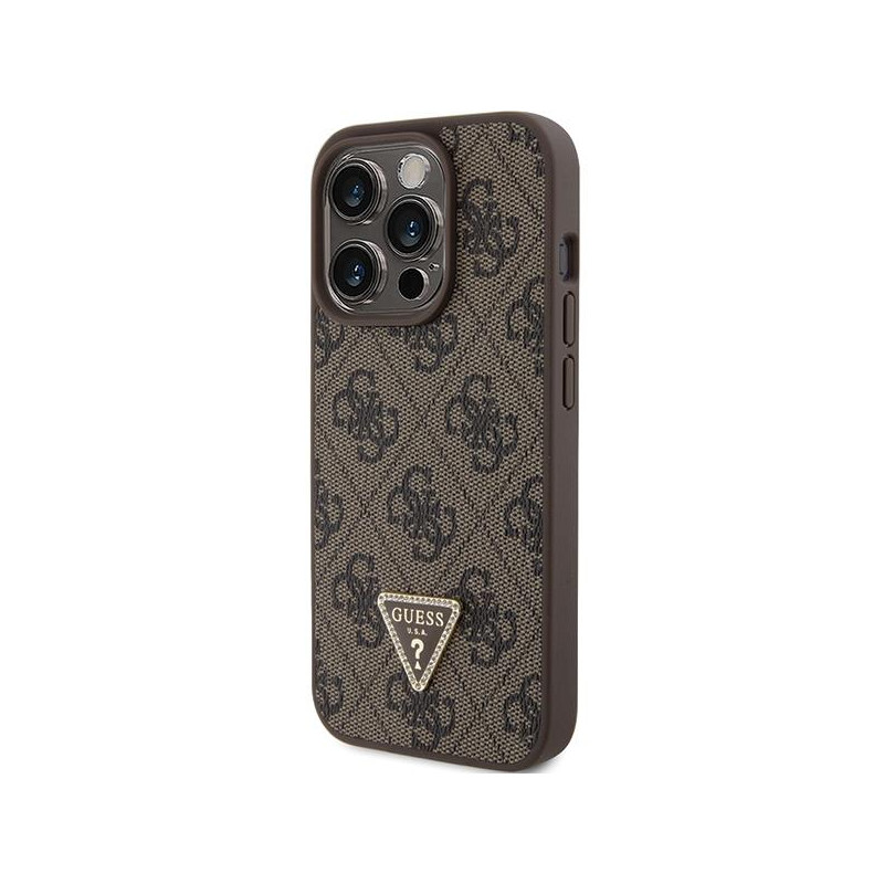 Guess Leather 4G Triangle Strass dėklas, skirtas iPhone 15 Pro - rudas