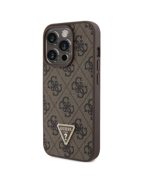 Guess Leather 4G Triangle Strass dėklas, skirtas iPhone 15 Pro - rudas Guess Leather 4G Triangle Strass dėklas, skirtas iPhone 15 Pro - rudas