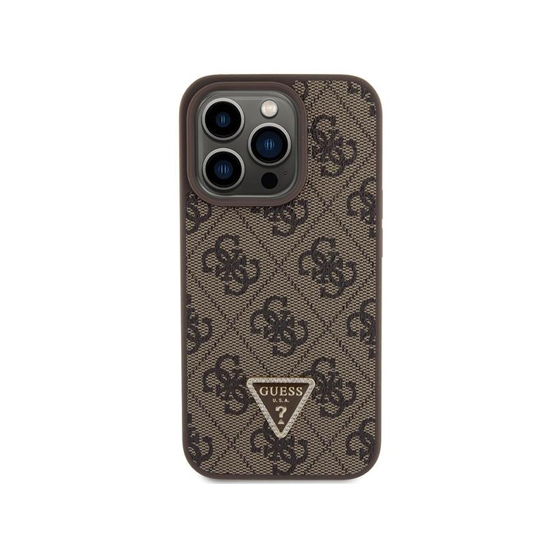 Guess Leather 4G Triangle Strass dėklas, skirtas iPhone 15 Pro - rudas