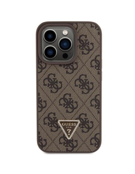Guess Leather 4G Triangle Strass dėklas, skirtas iPhone 15 Pro - rudas Guess Leather 4G Triangle Strass dėklas, skirtas iPhone 15 Pro - rudas