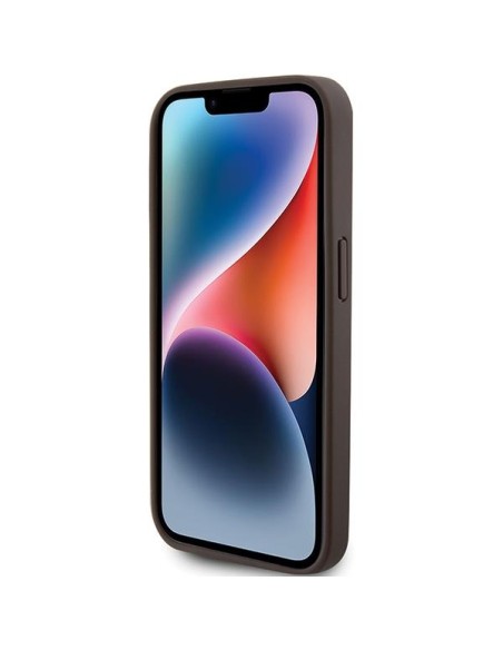 Guess Leather 4G Triangle Strass dėklas, skirtas iPhone 15 Pro - rudas Guess Leather 4G Triangle Strass dėklas, skirtas iPhone 15 Pro - rudas