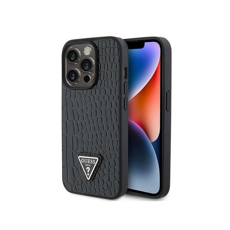 Guess Croco Triangle Metal Logo dėklas, skirtas iPhone 15 Pro - juodas