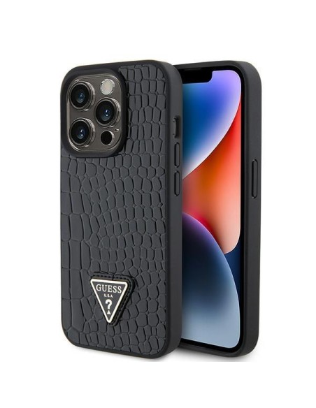 Guess Croco Triangle Metal Logo dėklas, skirtas iPhone 15 Pro - juodas Guess Croco Triangle Metal Logo dėklas, skirtas iPhone 15 Pro - juodas