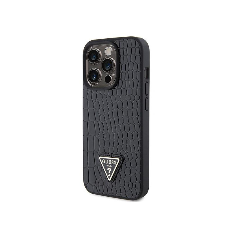 Guess Croco Triangle Metal Logo dėklas, skirtas iPhone 15 Pro - juodas