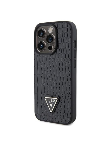 Guess Croco Triangle Metal Logo dėklas, skirtas iPhone 15 Pro - juodas Guess Croco Triangle Metal Logo dėklas, skirtas iPhone 15 Pro - juodas