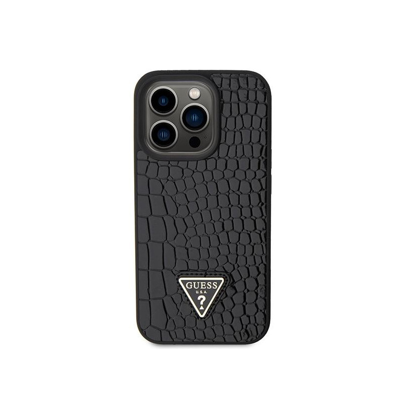 Guess Croco Triangle Metal Logo dėklas, skirtas iPhone 15 Pro - juodas