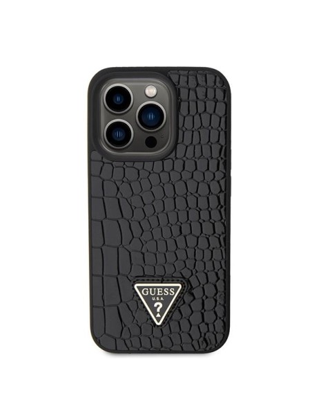 Guess Croco Triangle Metal Logo dėklas, skirtas iPhone 15 Pro - juodas Guess Croco Triangle Metal Logo dėklas, skirtas iPhone 15 Pro - juodas