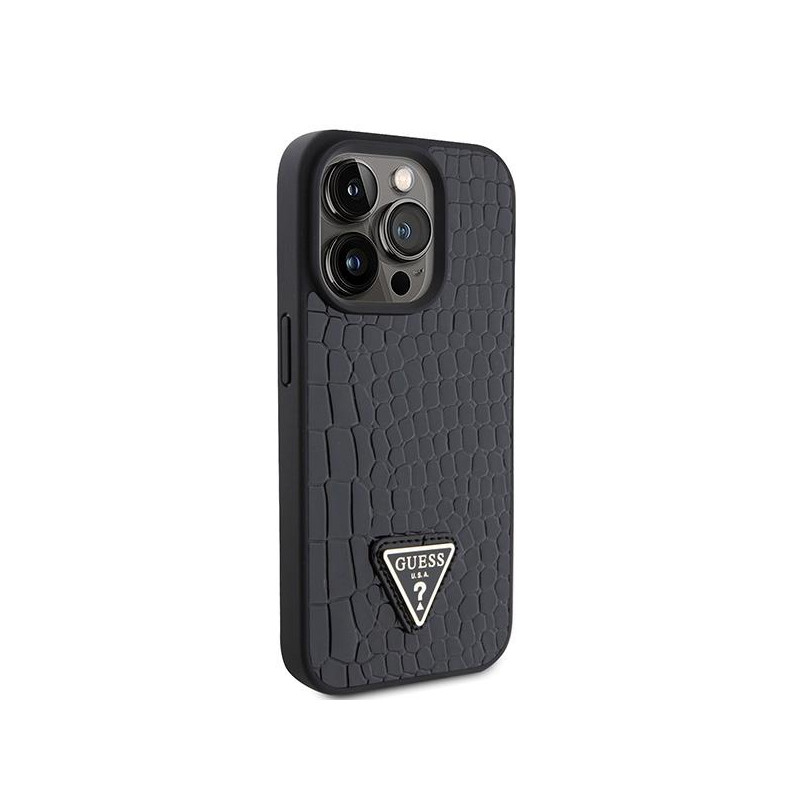 Guess Croco Triangle Metal Logo dėklas, skirtas iPhone 15 Pro - juodas