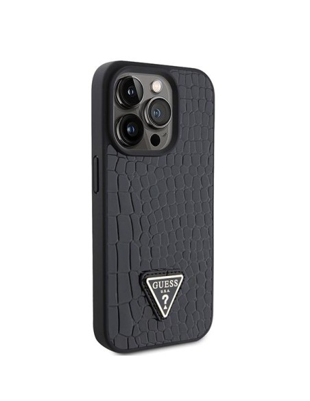 Guess Croco Triangle Metal Logo dėklas, skirtas iPhone 15 Pro - juodas Guess Croco Triangle Metal Logo dėklas, skirtas iPhone 15 Pro - juodas