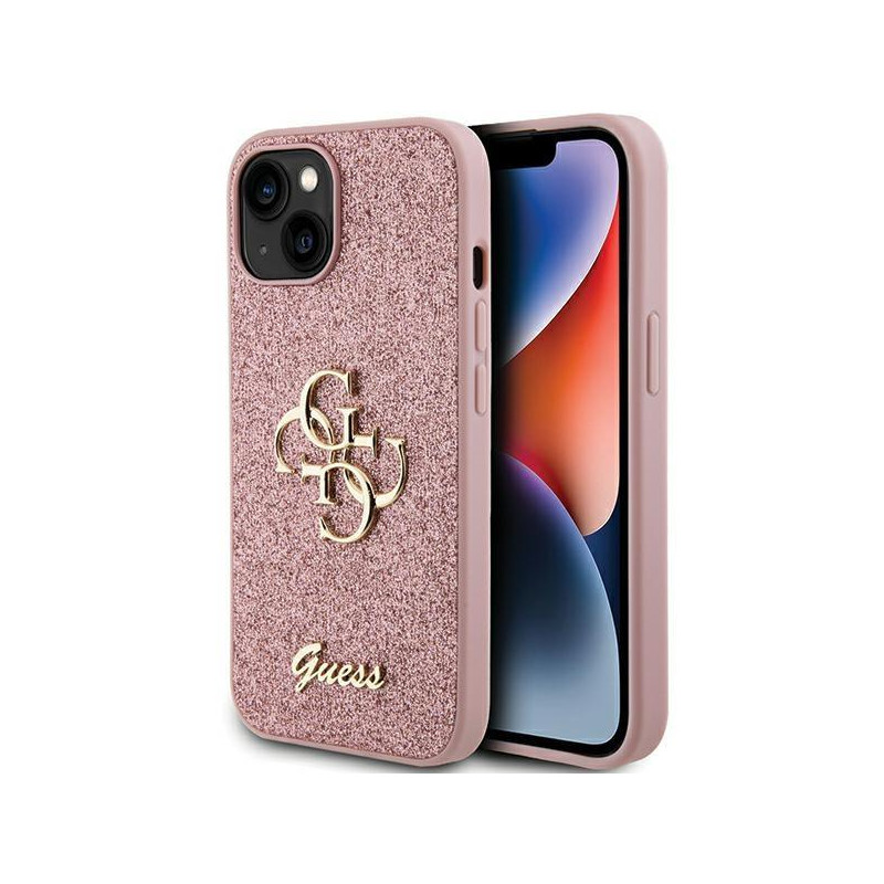 Guess Glitter Script Big 4G dėklas iPhone 15 Plus - rožinis