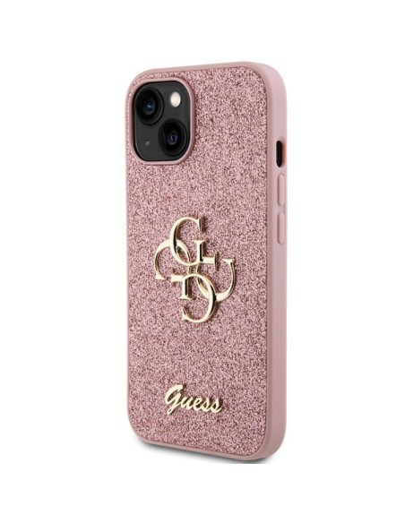 Guess Glitter Script Big 4G dėklas iPhone 15 Plus - rožinis