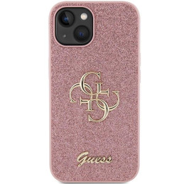 Guess Glitter Script Big 4G dėklas iPhone 15 Plus - rožinis