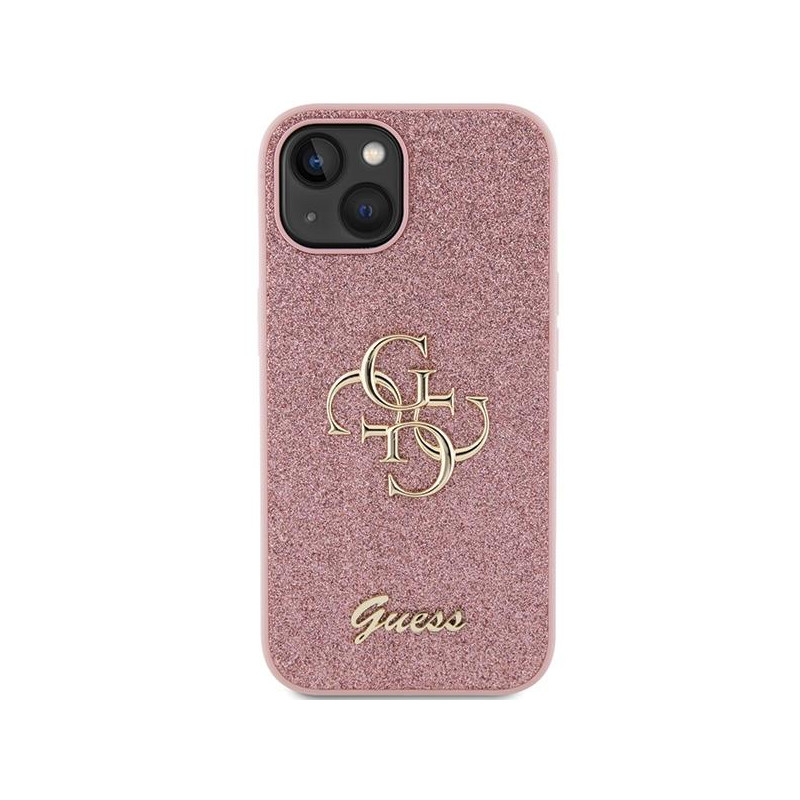 Guess Glitter Script Big 4G dėklas iPhone 15 Plus - rožinis