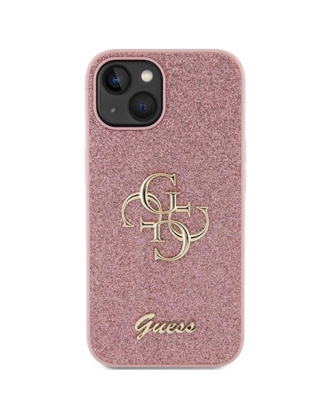 Guess Glitter Script Big 4G dėklas iPhone 15 Plus - rožinis