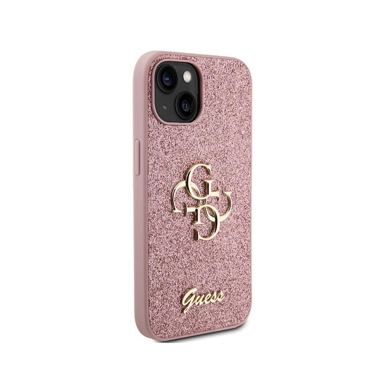 Guess Glitter Script Big 4G dėklas iPhone 15 Plus - rožinis