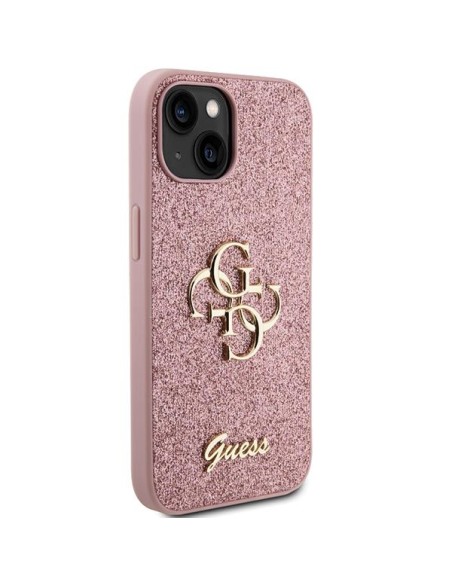 Guess Glitter Script Big 4G dėklas iPhone 15 Plus - rožinis