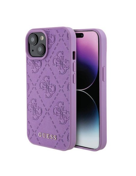 Guess Leather 4G štampuotas dėklas iPhone 15 - violetinis