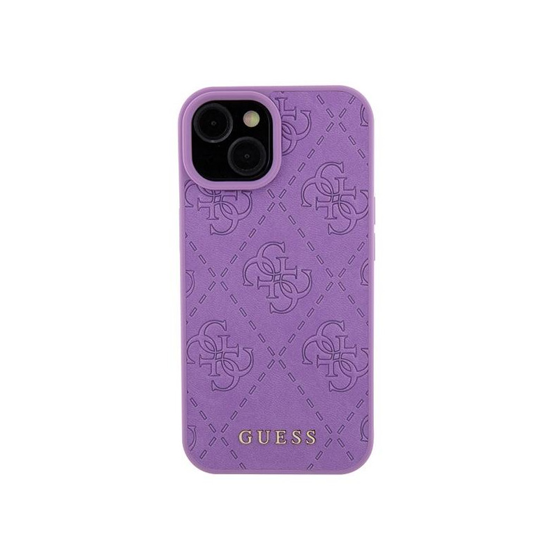 Guess Leather 4G štampuotas dėklas iPhone 15 - violetinis