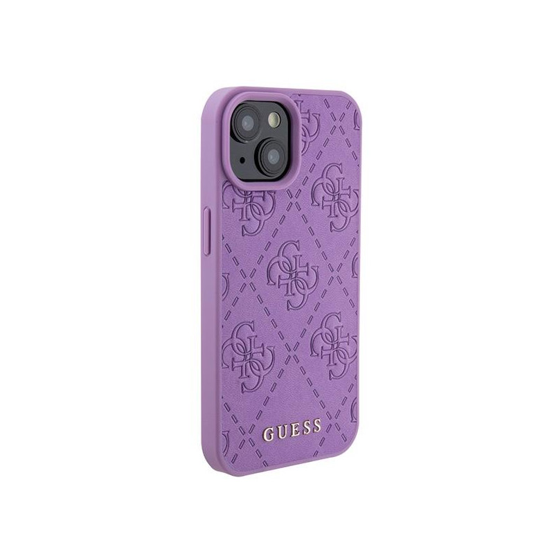 Guess Leather 4G štampuotas dėklas iPhone 15 - violetinis
